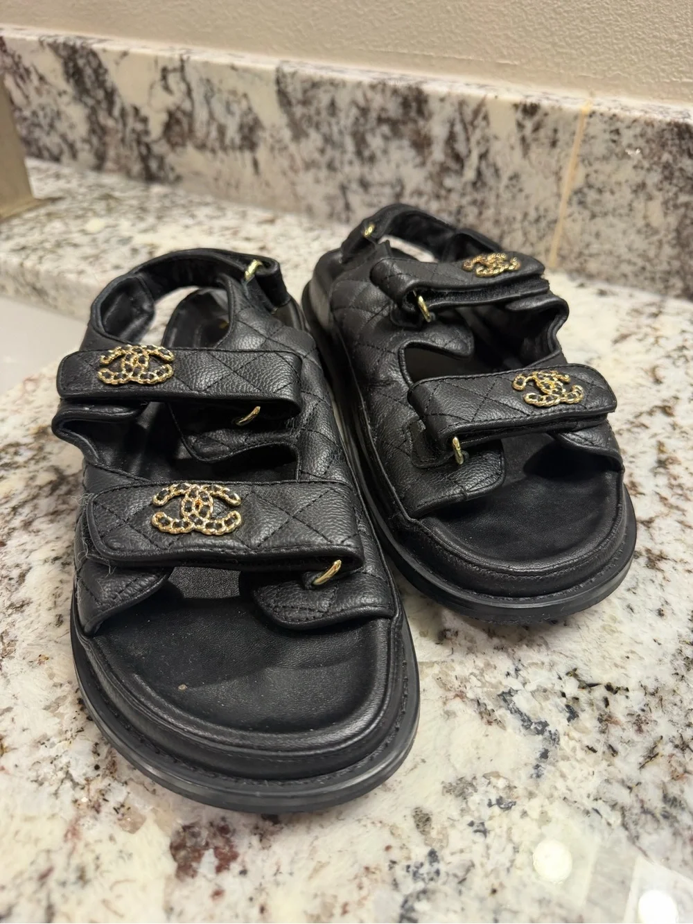 Black Quilted Chanel Strap Sandals